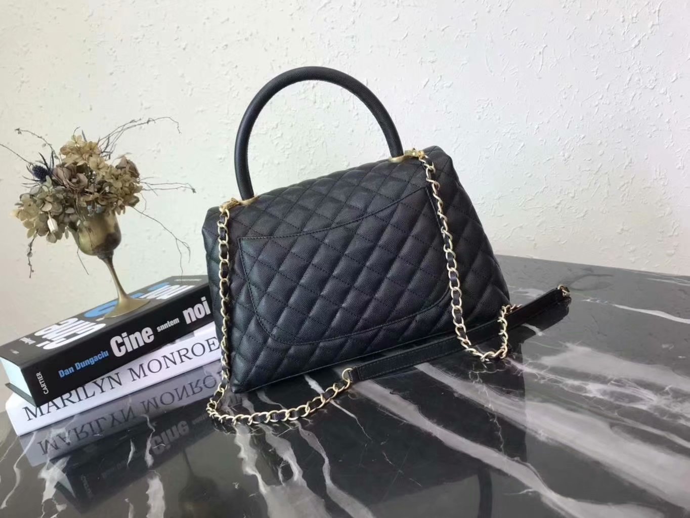 Discount Chanel A92992 CoCo Large Flap Bag with Top Handle Black Calfskin Gold-Tone Metal 