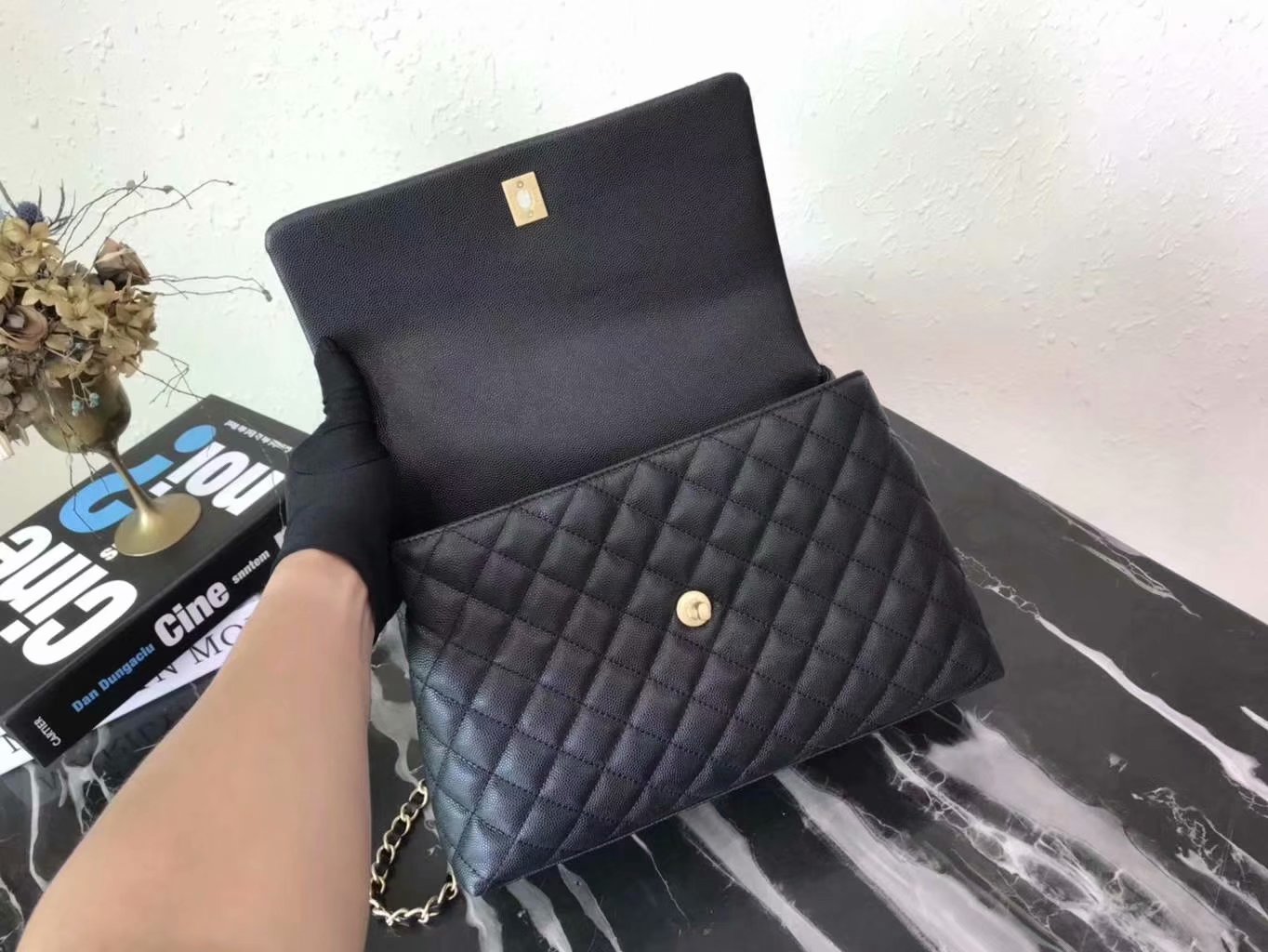 Discount Chanel A92992 CoCo Large Flap Bag with Top Handle Black Calfskin Gold-Tone Metal 