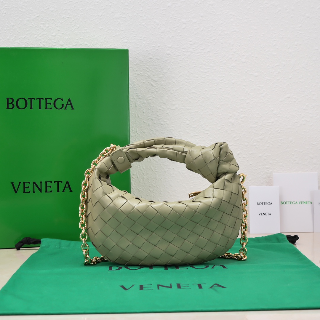 Bottega Veneta Mini Jodie Intrecciato Leather Top Handle Bag With Chain Strap Light Green