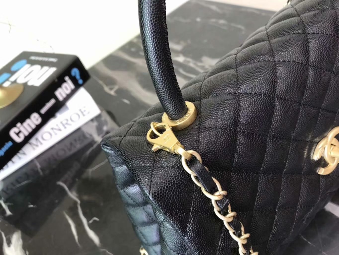 Discount Chanel A92992 CoCo Large Flap Bag with Top Handle Black Calfskin Gold-Tone Metal 