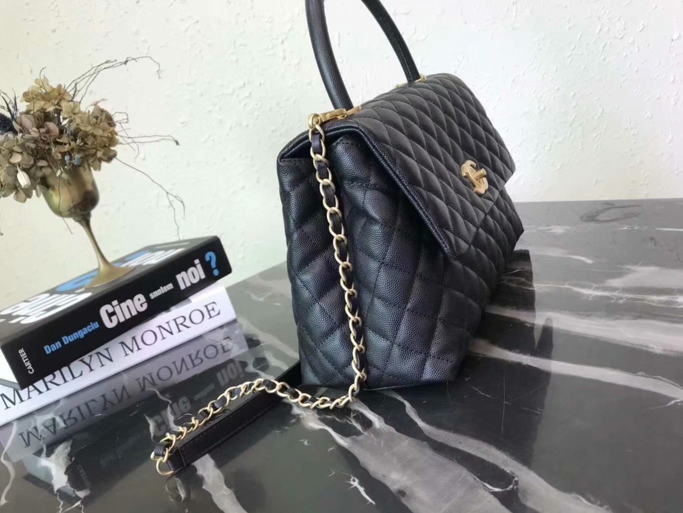 Discount Chanel A92992 CoCo Large Flap Bag with Top Handle Black Calfskin Gold-Tone Metal 